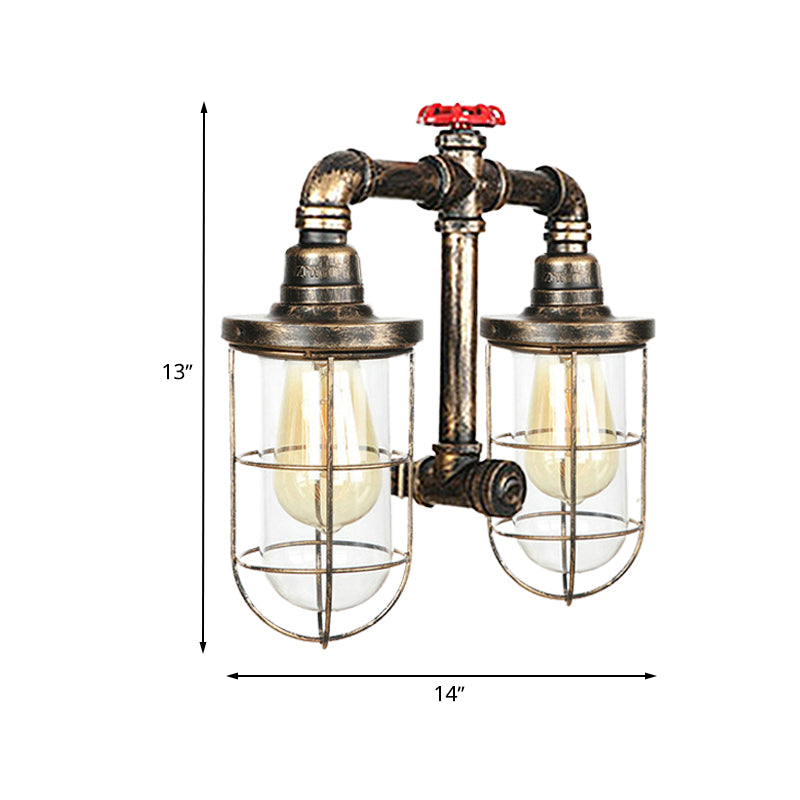 Farmhouse Wire Guard Wall Lamp - Vintage Brass Wrought Iron Sconce With Valve Wheel Design 2 Bulbs