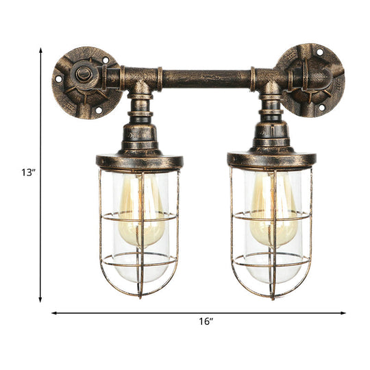 Farmhouse Wire Guard Wall Lamp - Vintage Brass Wrought Iron Sconce With Valve Wheel Design 2 Bulbs