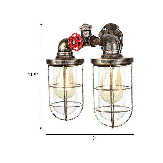 Farmhouse Wire Guard Wall Lamp - Vintage Brass Wrought Iron Sconce With Valve Wheel Design 2 Bulbs