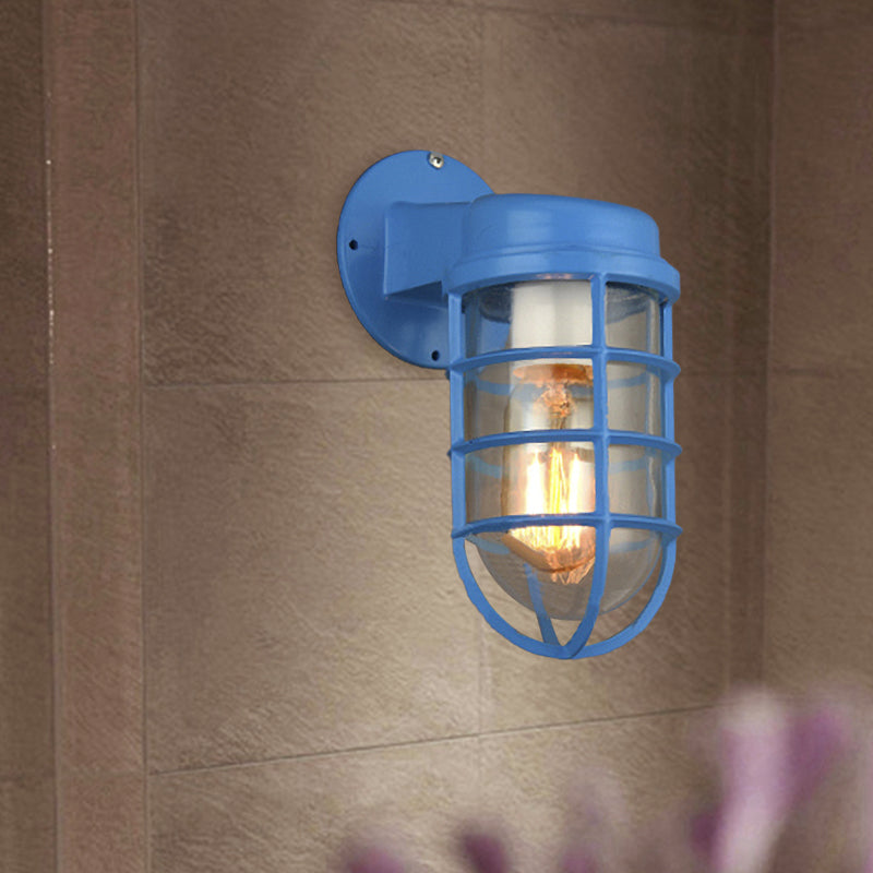 Coastal Red/Blue Metal Caged Wall Mounted Light Fixture With Clear Glass - Outdoor Lighting