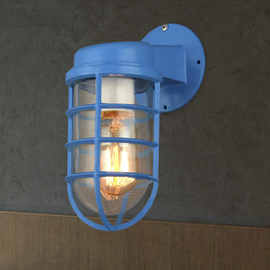 Coastal Red/Blue Metal Caged Wall Mounted Light Fixture With Clear Glass - Outdoor Lighting