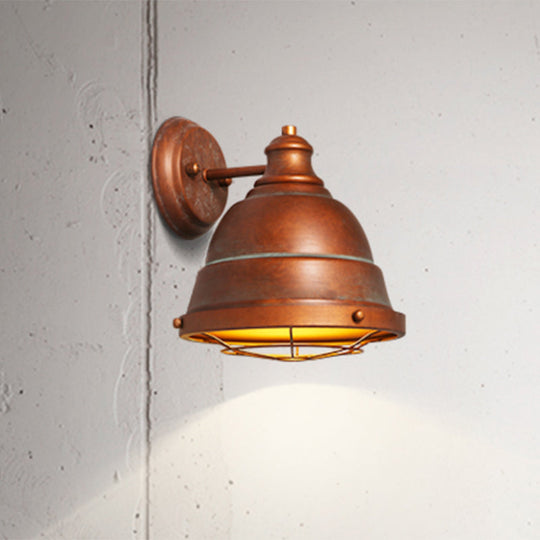 Vintage Industrial Wall Lamp With Dome Shade And Wire Guard In Black/Copper Finish