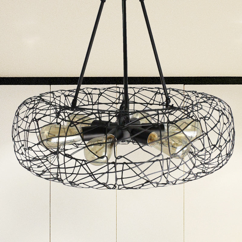 Mesh Screen Drum Ceiling Light Fixture: Industrial Black Metal Chandelier Lamp (6 Lights)