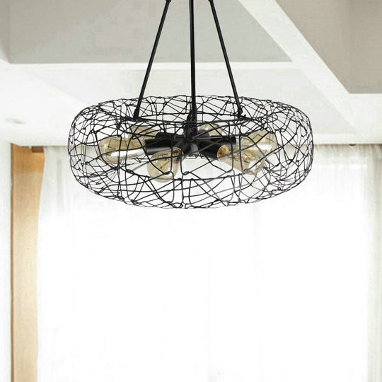 Mesh Screen Drum Ceiling Light Fixture: Industrial Black Metal Chandelier Lamp (6 Lights)