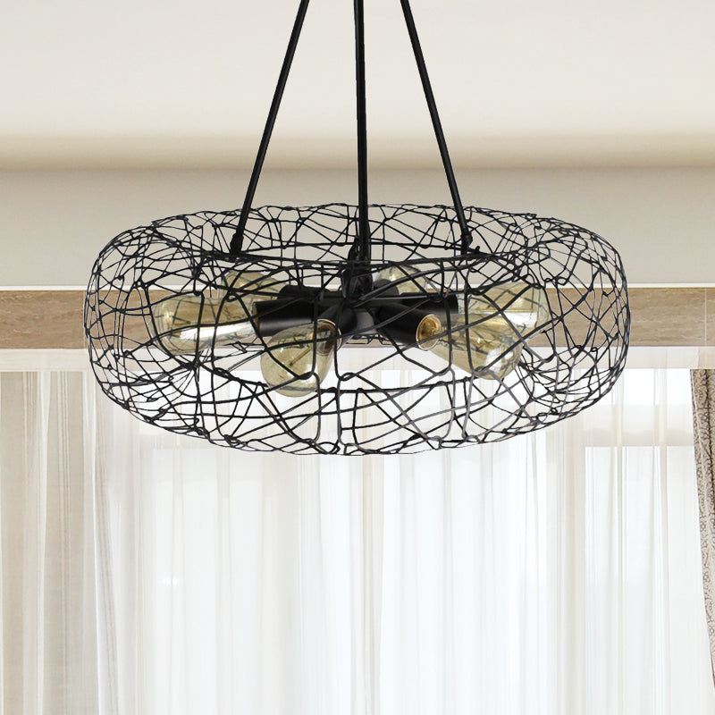 Mesh Screen Drum Ceiling Light Fixture: Industrial Black Metal Chandelier Lamp (6 Lights)