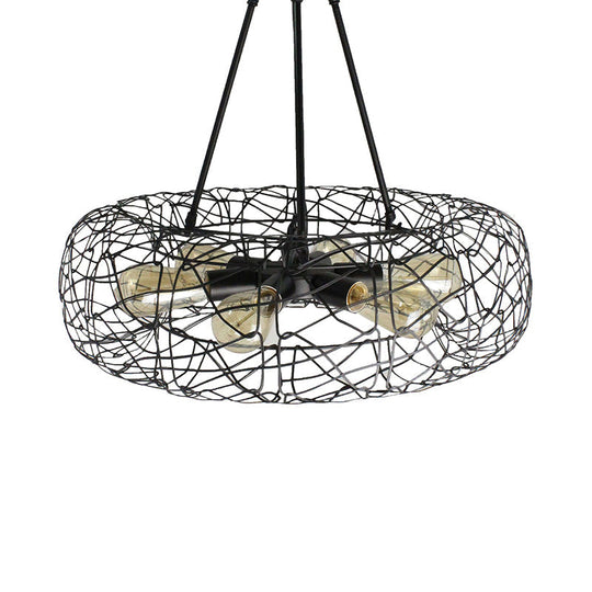 Mesh Screen Drum Ceiling Light Fixture: Industrial Black Metal Chandelier Lamp (6 Lights)