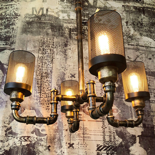 Vintage Bronze Finish Iron Cylinder Chandelier Pendant Light with Mesh Screen - Set of 4 Bulbs