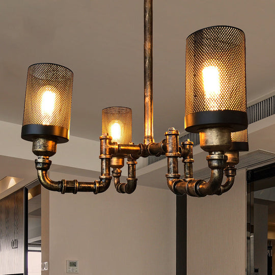 Vintage Bronze Finish Iron Cylinder Chandelier Pendant Light with Mesh Screen - Set of 4 Bulbs