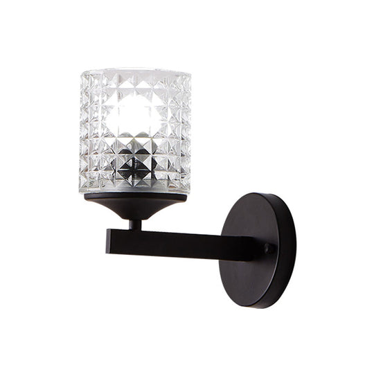 Modern Cylinder Clear Textured Glass Wall Sconce Light Single Bulb Bedroom Black/Silver