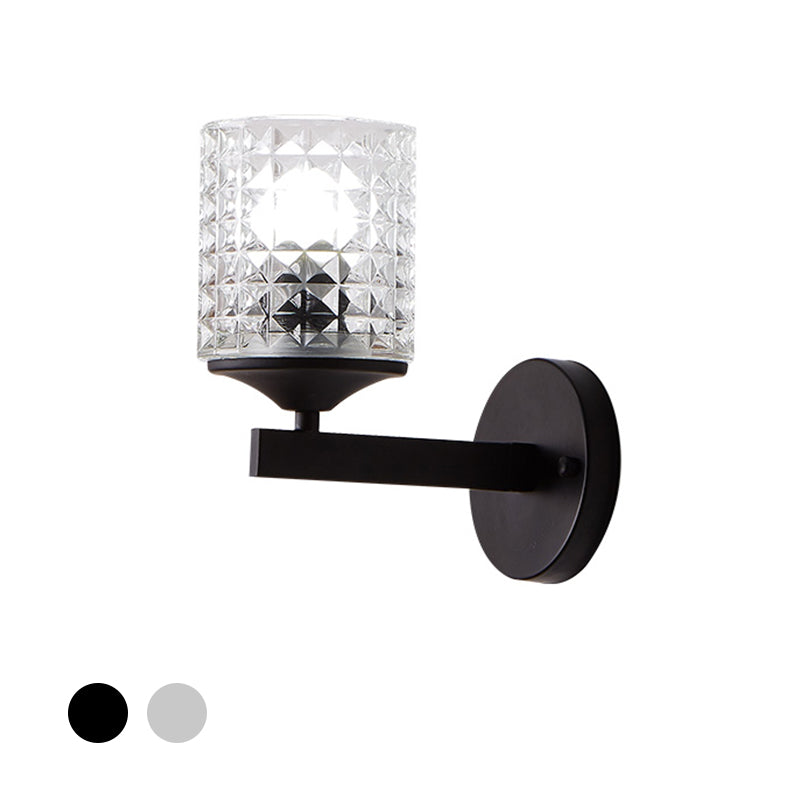 Modern Cylinder Clear Textured Glass Wall Sconce Light Single Bulb Bedroom Black/Silver