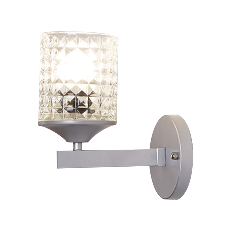 Modern Cylinder Clear Textured Glass Wall Sconce Light Single Bulb Bedroom Black/Silver