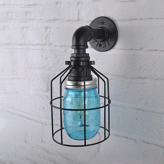 Industrial Style Wire Cage Wall Sconce With Blue/Clear Glass Jar Shade And 1 Bulb - Perfect For