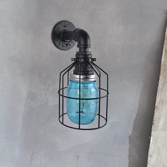 Industrial Style Wire Cage Wall Sconce With Blue/Clear Glass Jar Shade And 1 Bulb - Perfect For