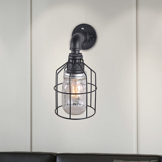 Industrial Style Wire Cage Wall Sconce With Blue/Clear Glass Jar Shade And 1 Bulb - Perfect For