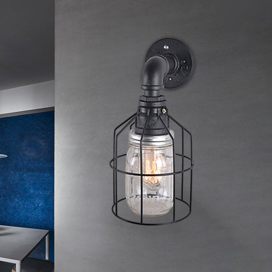 Industrial Style Wire Cage Wall Sconce With Blue/Clear Glass Jar Shade And 1 Bulb - Perfect For