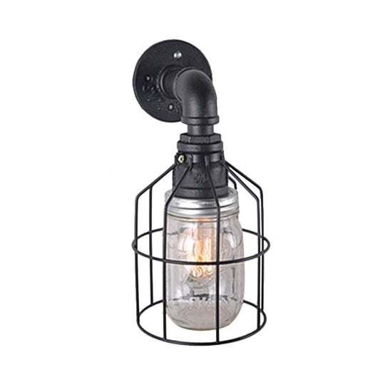 Industrial Style Wire Cage Wall Sconce With Blue/Clear Glass Jar Shade And 1 Bulb - Perfect For