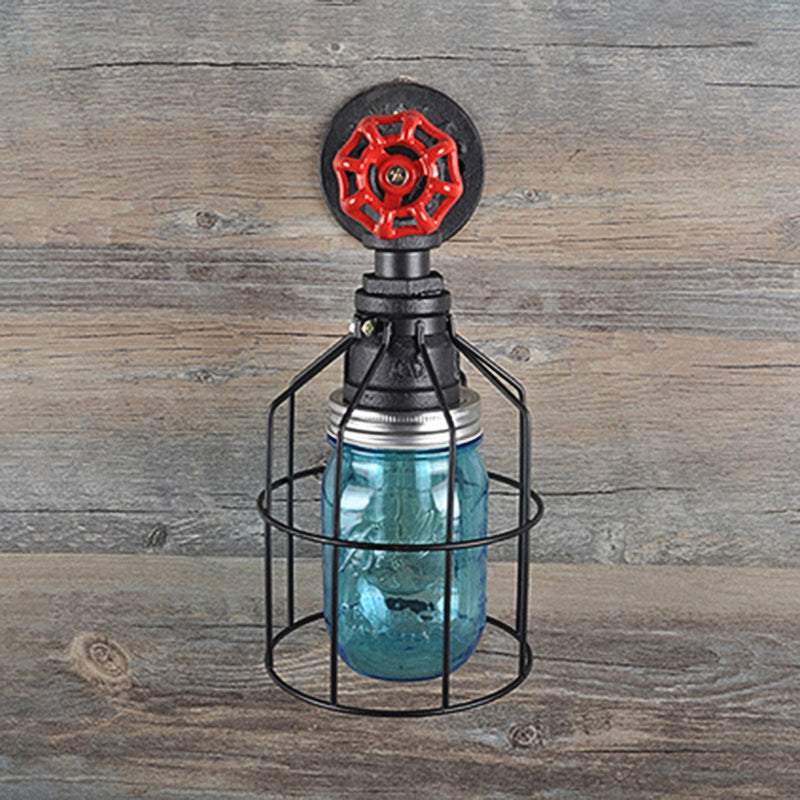 Vintage Caged Wall Light With Inner Jar Shade And Red Valve Glass Sconce Lighting In Blue/Clear Blue