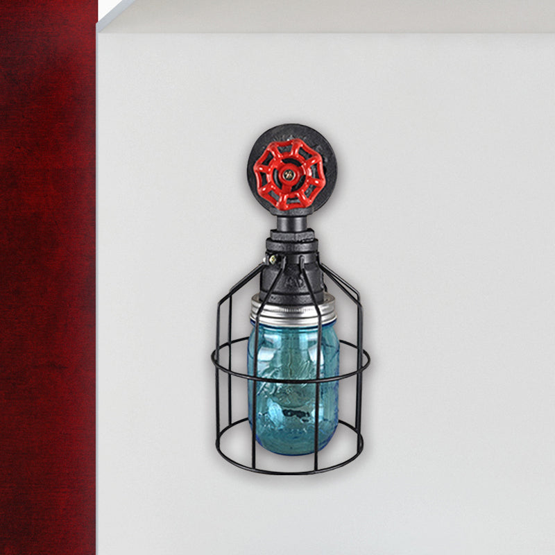 Vintage Caged Wall Light With Inner Jar Shade And Red Valve Glass Sconce Lighting In Blue/Clear