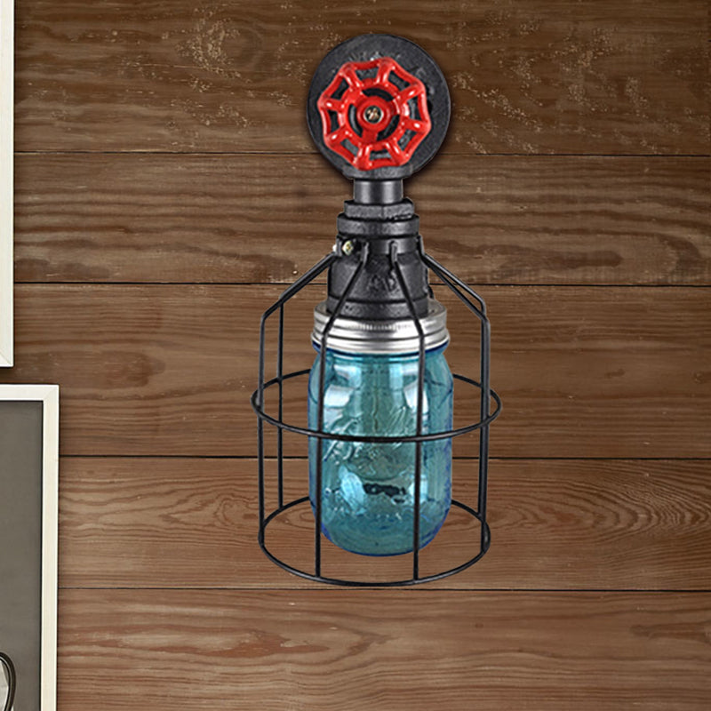 Vintage Caged Wall Light With Inner Jar Shade And Red Valve Glass Sconce Lighting In Blue/Clear