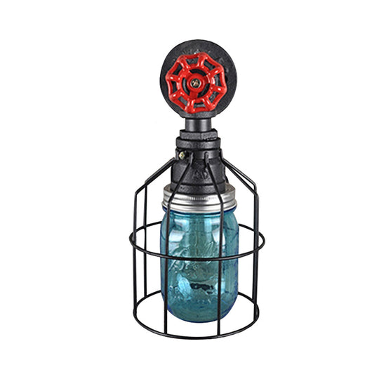 Vintage Caged Wall Light With Inner Jar Shade And Red Valve Glass Sconce Lighting In Blue/Clear