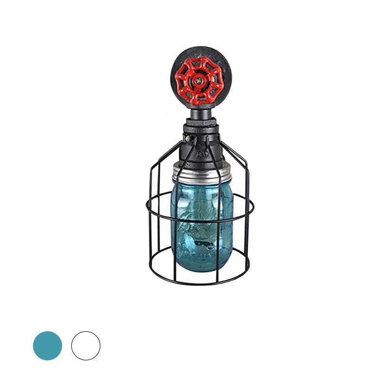 Vintage Caged Wall Light With Inner Jar Shade And Red Valve Glass Sconce Lighting In Blue/Clear