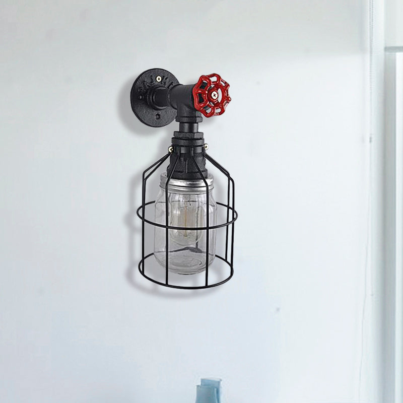 Vintage Caged Wall Light With Inner Jar Shade And Red Valve Glass Sconce Lighting In Blue/Clear