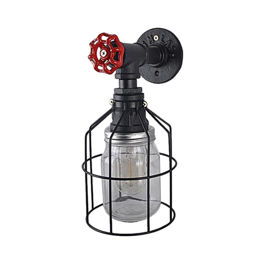 Vintage Caged Wall Light With Inner Jar Shade And Red Valve Glass Sconce Lighting In Blue/Clear