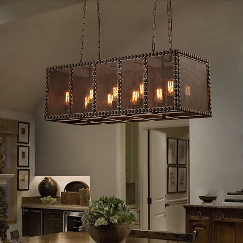 Stylish Black Pendant Lamp With Rectangle Wire Net Metal Shade For Farmhouse Dining Room And Island