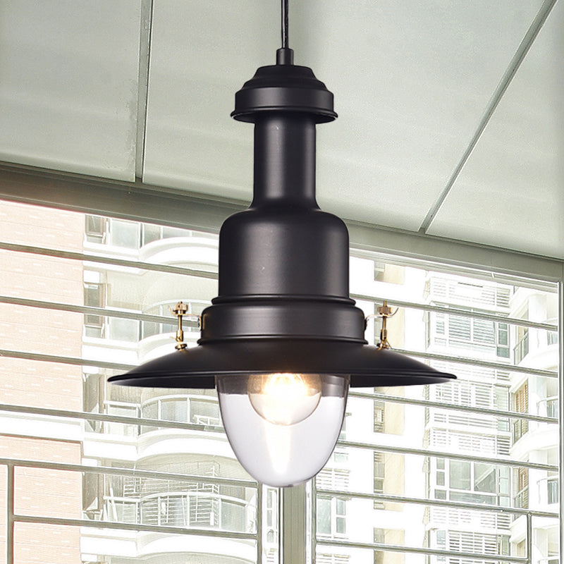 Nautical Style Flat Shade Pendant Lamp - 1 Light Metallic Suspended Light, Black/White Finish for Kitchen