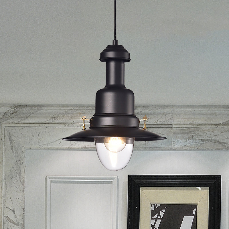 Nautical Style Flat Shade Pendant Lamp - 1 Light Metallic Suspended Light, Black/White Finish for Kitchen