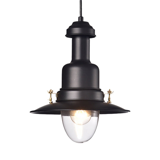 Nautical Style Flat Shade Pendant Lamp - 1 Light Metallic Suspended Light, Black/White Finish for Kitchen