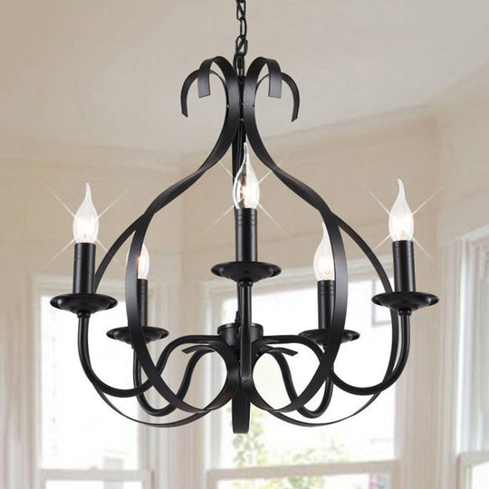 Industrial Iron Chandelier Lamp: Adjustable Flameless Candle Pendant Lighting, 6 Bulbs, Black Finish