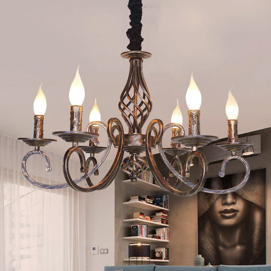 Vintage Stylish Chandelier Lamp with 6 Bulbs, Wrought Iron Hanging Lighting in Bronze