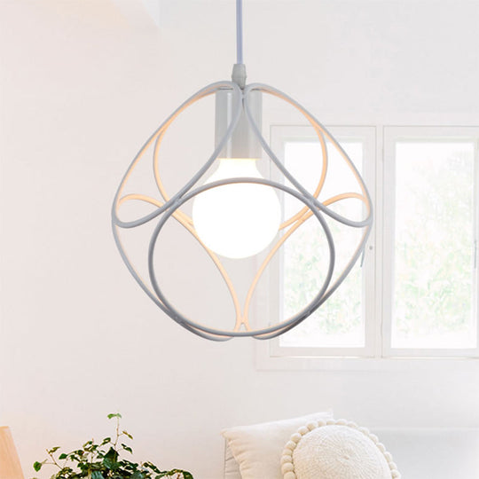 Industrial-Style Metal Pendant Light With Cage Shade - Square White/Black 1-Light Hanging Fixture