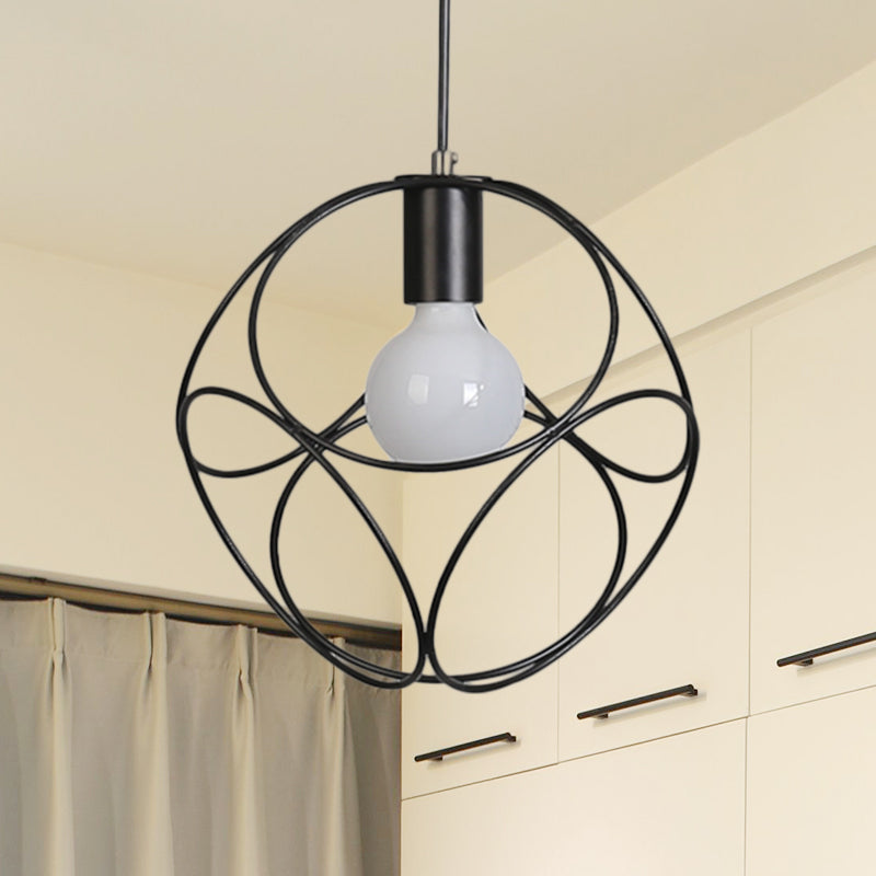 Industrial-Style Metal Pendant Light With Cage Shade - Square White/Black 1-Light Hanging Fixture