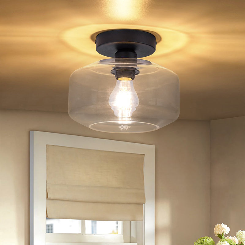 Sleek Industrial Drum Shade Semi Flush Light In Black With Clear/Amber Glass Perfect For Foyer