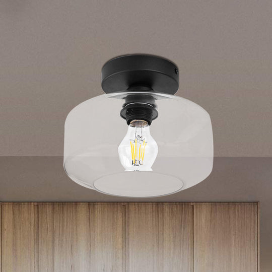 Sleek Industrial Drum Shade Semi Flush Light In Black With Clear/Amber Glass Perfect For Foyer