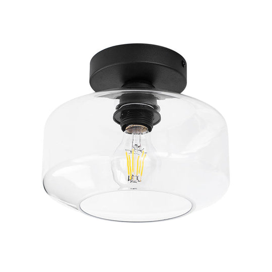 Sleek Industrial Drum Shade Semi Flush Light In Black With Clear/Amber Glass Perfect For Foyer