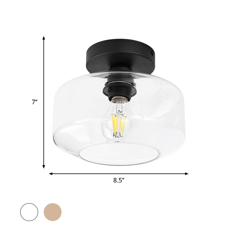 Sleek Industrial Drum Shade Semi Flush Light In Black With Clear/Amber Glass Perfect For Foyer