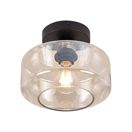 Sleek Industrial Drum Shade Semi Flush Light In Black With Clear/Amber Glass Perfect For Foyer