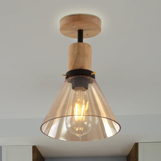 Industrial Cone Amber Glass Ceiling Light With Wood Mount For Foyer