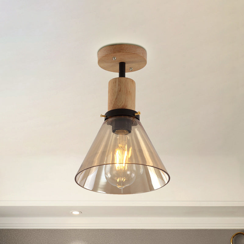 Industrial Cone Amber Glass Ceiling Light with Wood Mount for Foyer