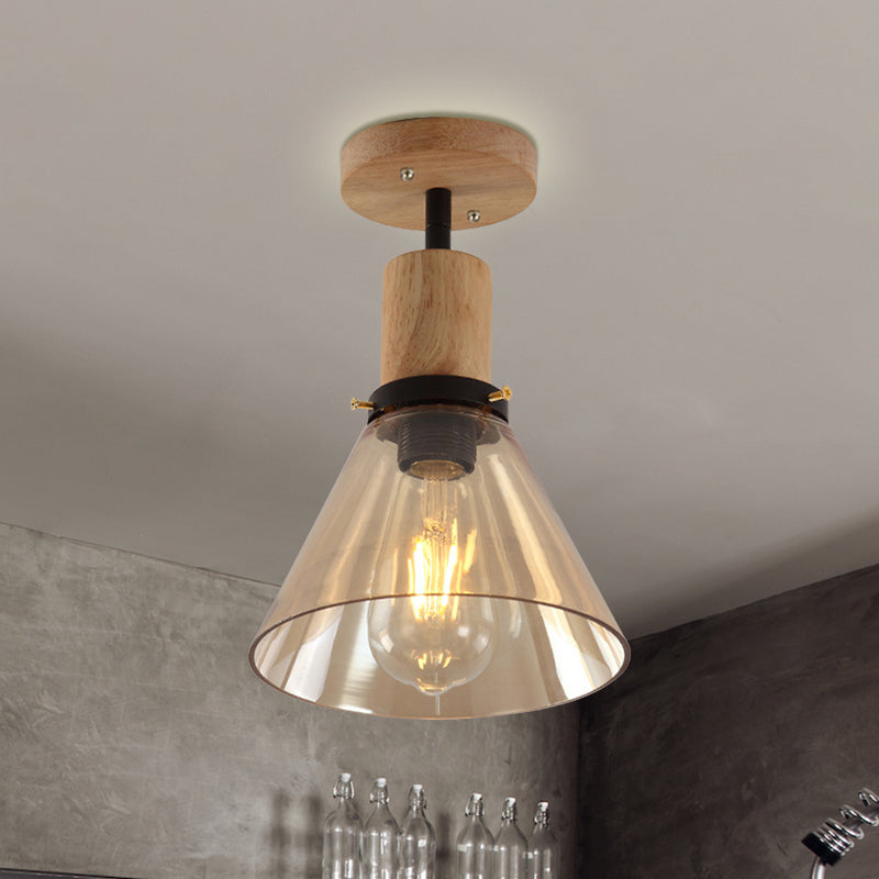 Industrial Cone Amber Glass Ceiling Light with Wood Mount for Foyer