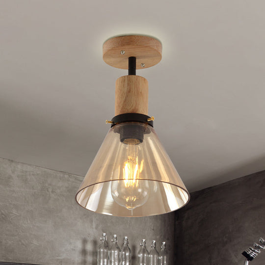 Industrial Cone Amber Glass Ceiling Light With Wood Mount For Foyer