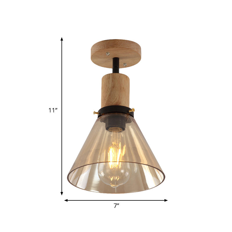 Industrial Cone Amber Glass Ceiling Light with Wood Mount for Foyer