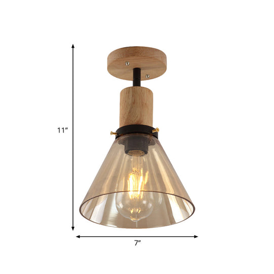 Industrial Cone Amber Glass Ceiling Light with Wood Mount for Foyer