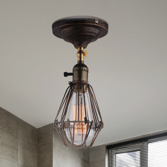 Rustic Farmhouse Semi-Flush Iron Cage Bedroom Ceiling Light In Rust/Aged Silver Rust