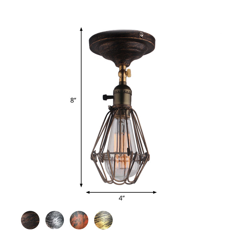 Rustic Farmhouse Semi-Flush Iron Cage Bedroom Ceiling Light in Rust/Aged Silver