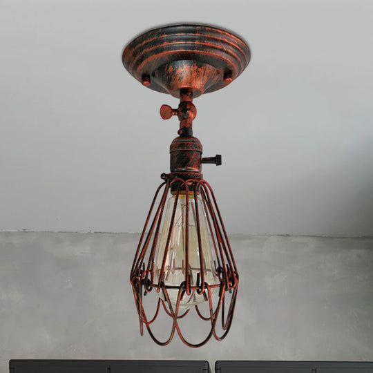 Rustic Farmhouse Semi-Flush Iron Cage Bedroom Ceiling Light in Rust/Aged Silver