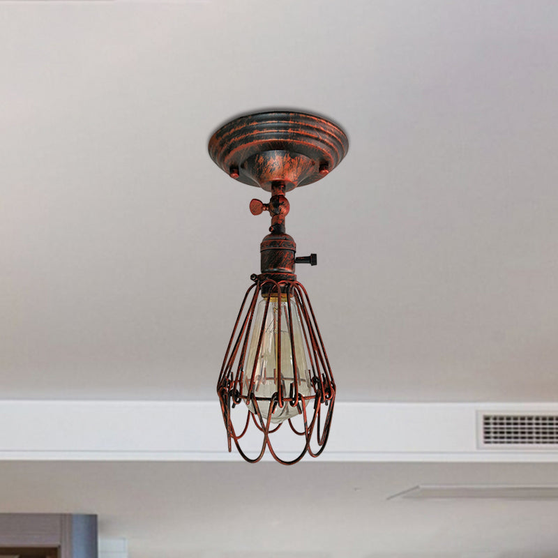 Rustic Farmhouse Semi-Flush Iron Cage Bedroom Ceiling Light in Rust/Aged Silver